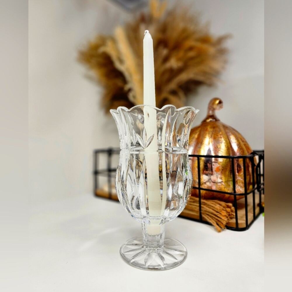 Block 24% Full Lead Crystal Tulip Garden Design Hurricane Vase or Votive Holder